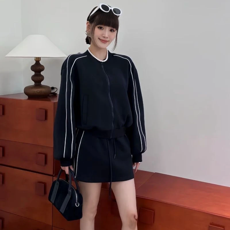 欧洲站2024秋装女新款休闲时髦运动风拉链两件套卫衣半裙时尚