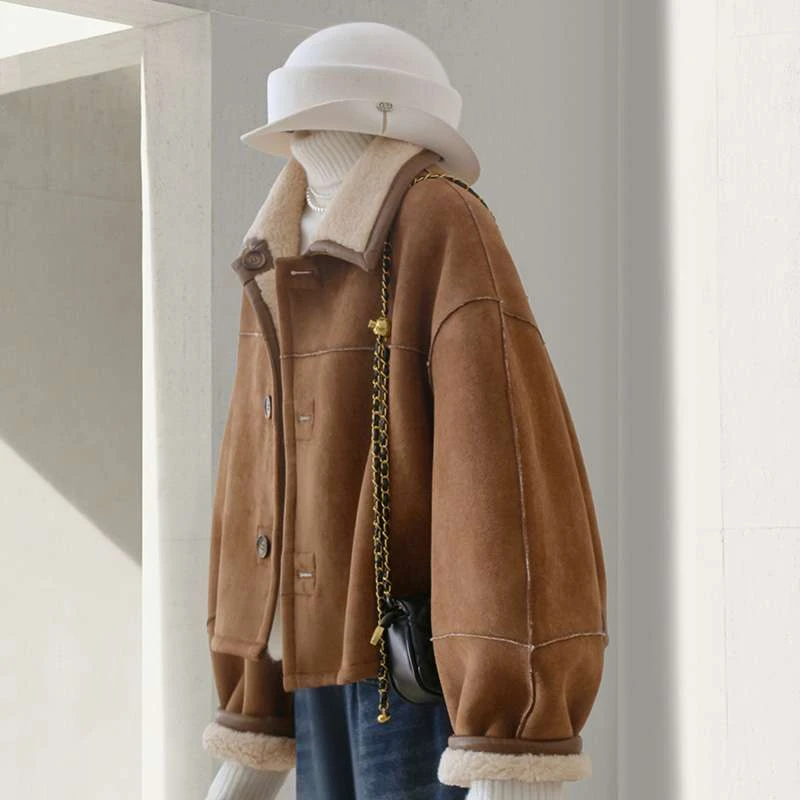 两面穿咖色仿麂皮绒2024外套女冬季新款高级感网红爆款羊羔毛棉服