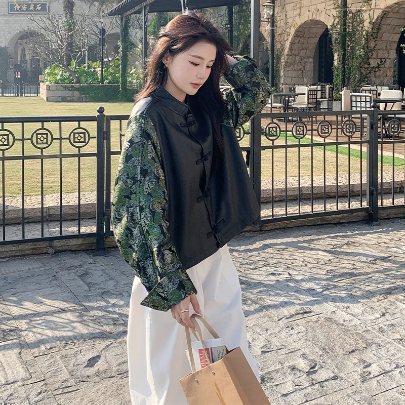 新中式国风印花拼接小皮衣外套女短款2025春新款设计感小个子夹克