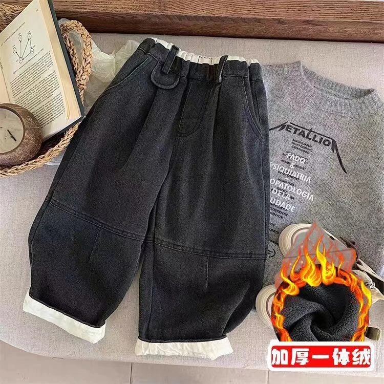 男童复古牛仔萝卜裤2024秋款儿童宽松一体绒拼接阔腿裤休闲裤潮