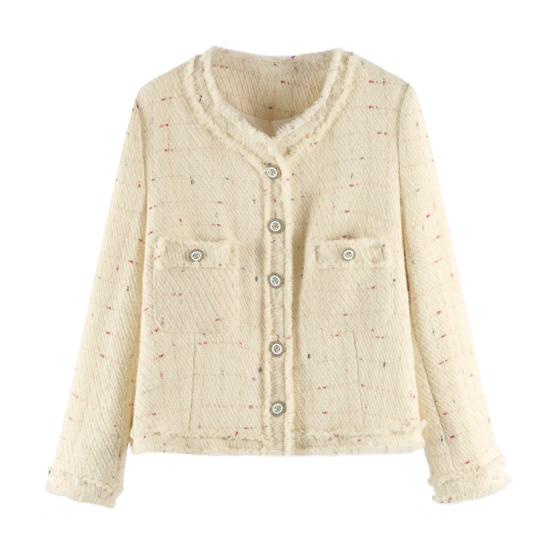 轻熟风羊毛混纺小香风短外套女秋冬2024新款时尚毛边正肩圆领上衣