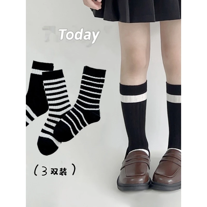 女童长筒袜春秋款棉袜百搭学院风中筒袜秋季女孩纯色双杠小腿袜