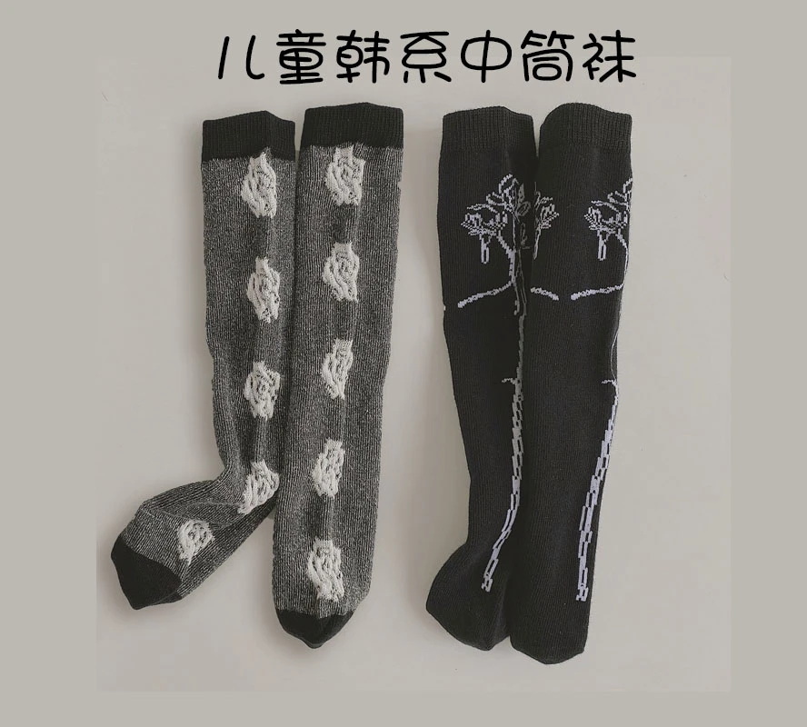 秋季新款复古涂鸦儿童中筒袜 深色花朵潮童透气棉袜子堆堆袜