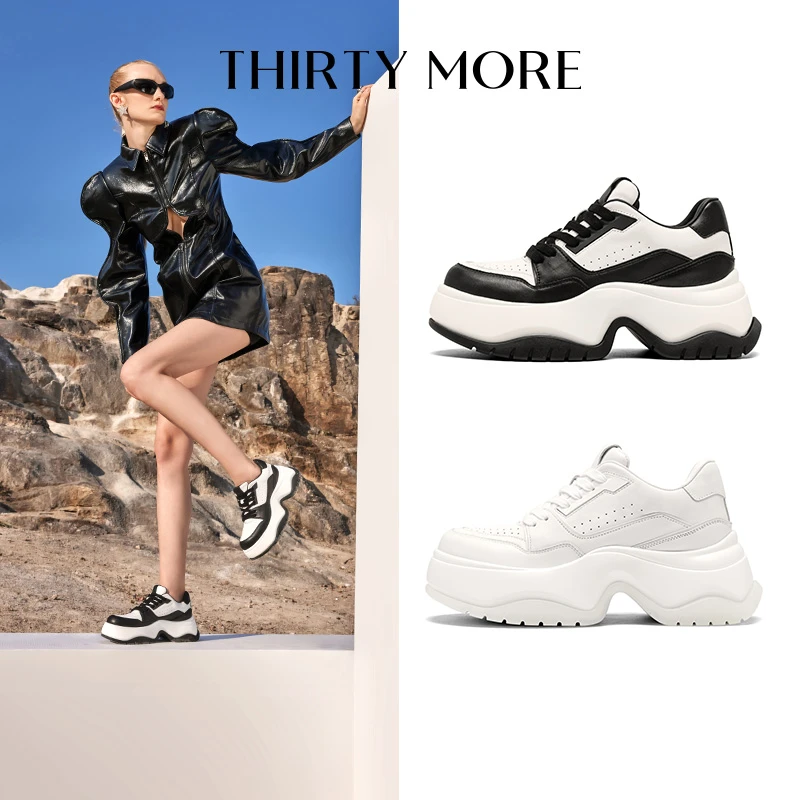 Thirty More厚底老爹鞋女2025春夏新款牛皮休闲鞋百搭黑白熊猫鞋