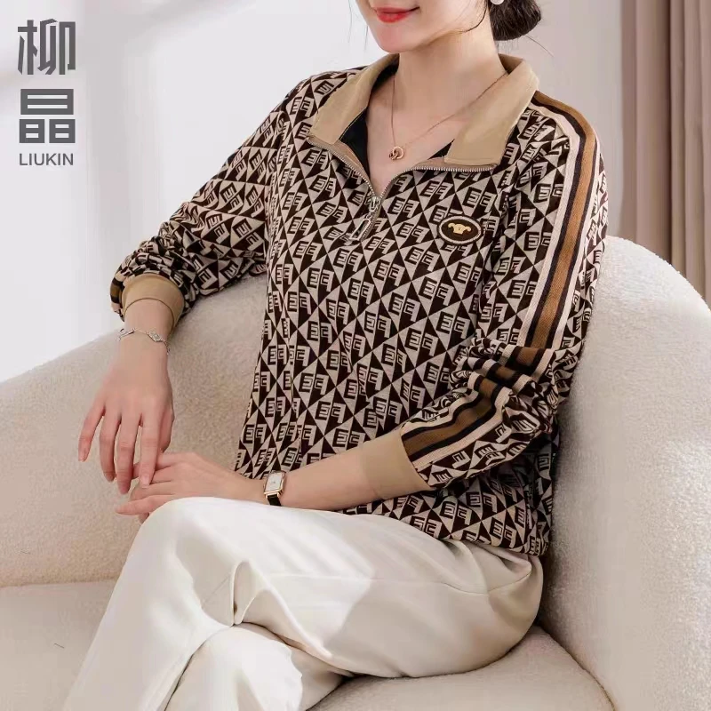 线下199！Z86秋冬季时尚翻领长袖t恤女休闲上衣（XL~6XL 90-165斤））