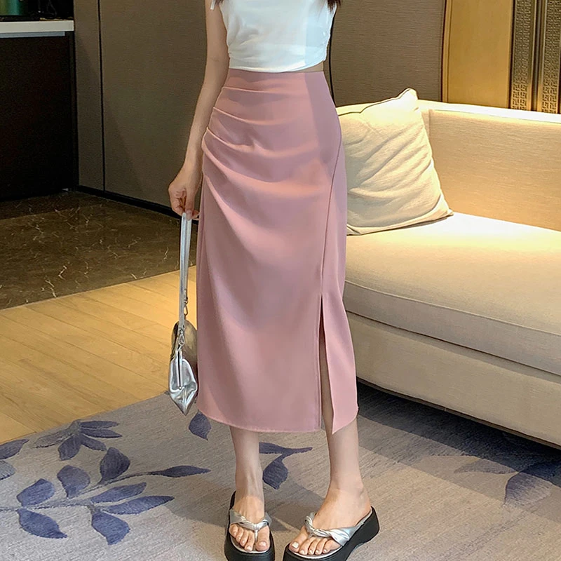 【秀宝女装】秋季开叉褶皱半身裙高腰显瘦设计感垂感中长款A字裙