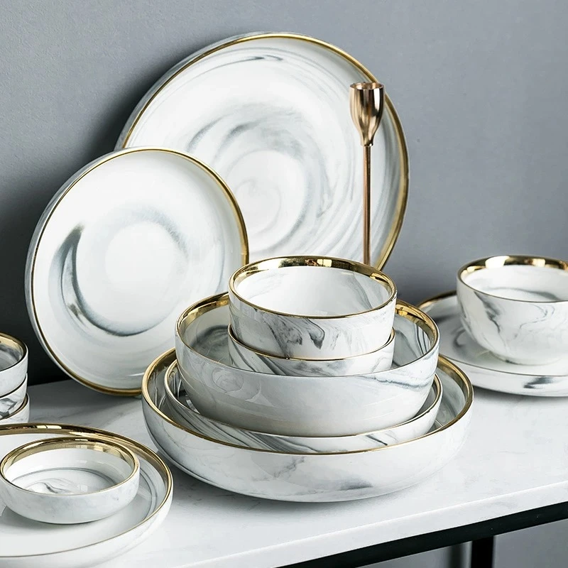 碗碟套装创意盘子饭碗组合网红陶瓷轻奢金边餐具家用北欧碗盘单个