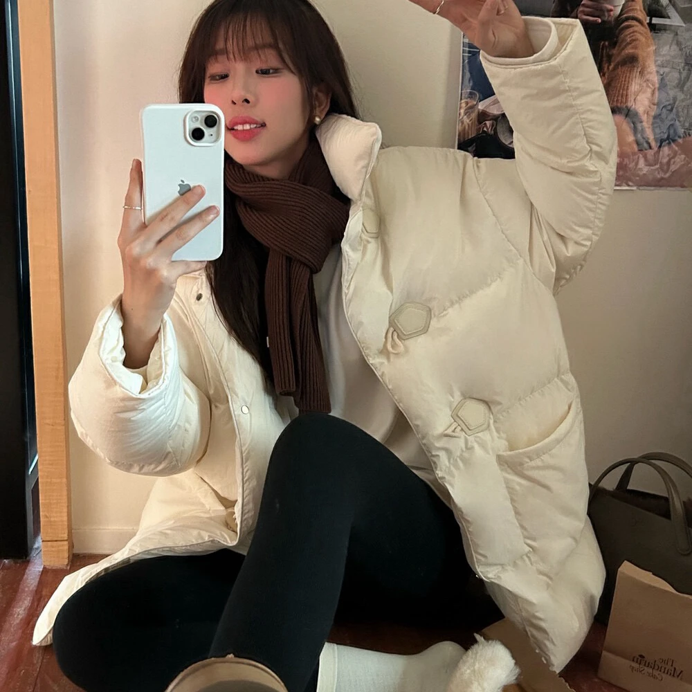 Cute Club 2024冬季新款甜美风简约牛角扣羽绒服宽松百搭保暖外套