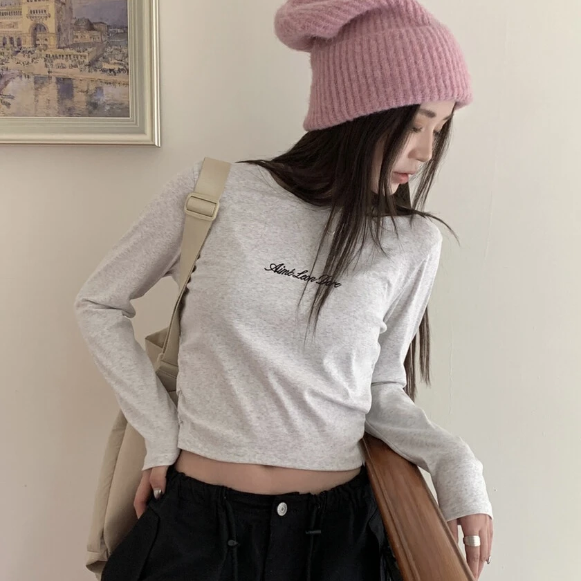 Cute Club 2024秋季新款甜美刺绣褶皱长袖T恤女修身显瘦短款上衣