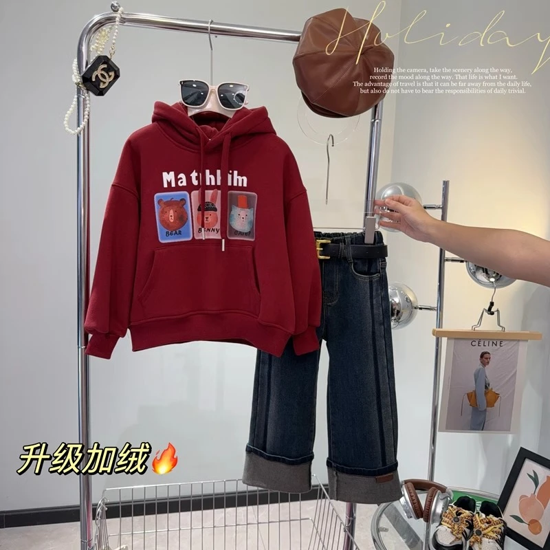 女童加绒套装冬季保暖中大童童装加厚卫衣牛仔裤两件套