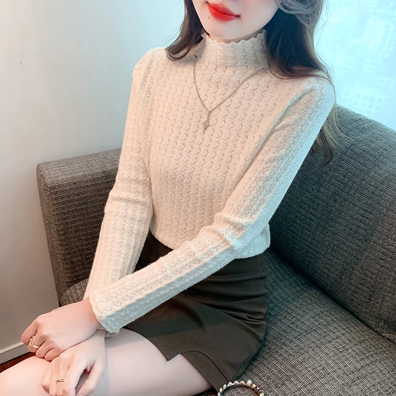 实拍2023波浪花边镂空半高领链条套头针织衫毛衣修身显瘦打底衫女