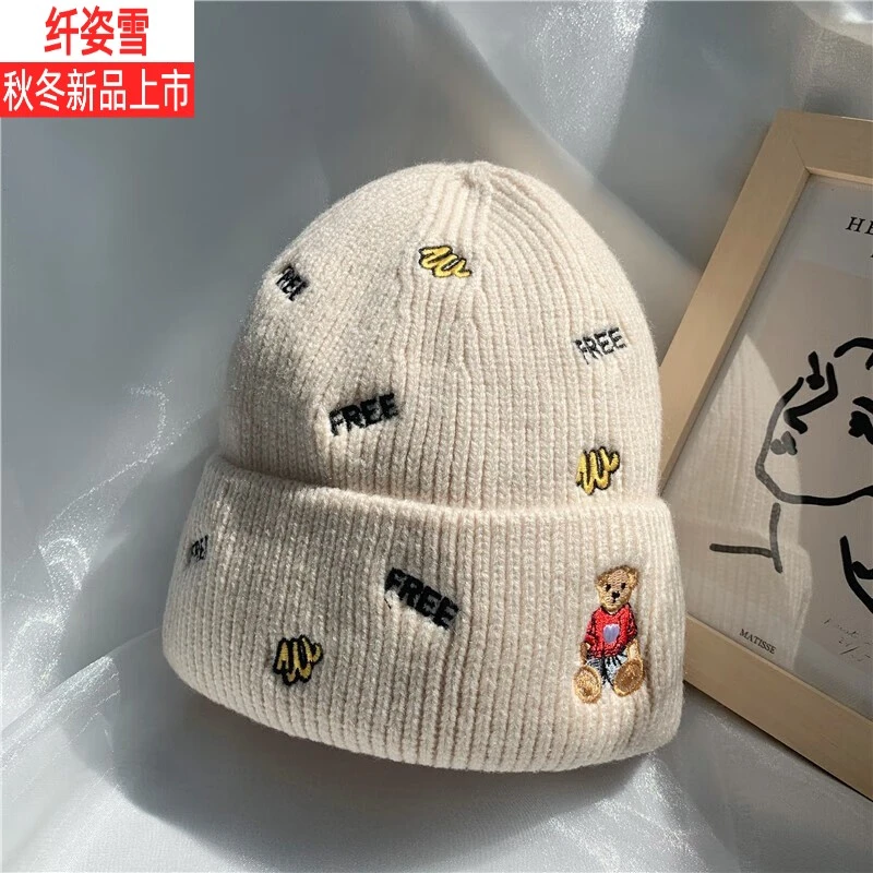 秋冬针织帽网红小熊毛线帽子女韩版时尚百搭保暖护耳帽秋冬刺绣针