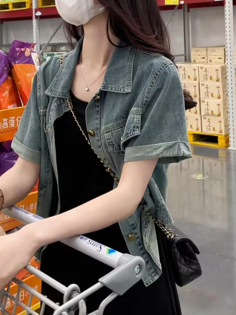 2025夏季短款牛仔外套设计感女薄款复古小个子百搭POLO短袖上衣