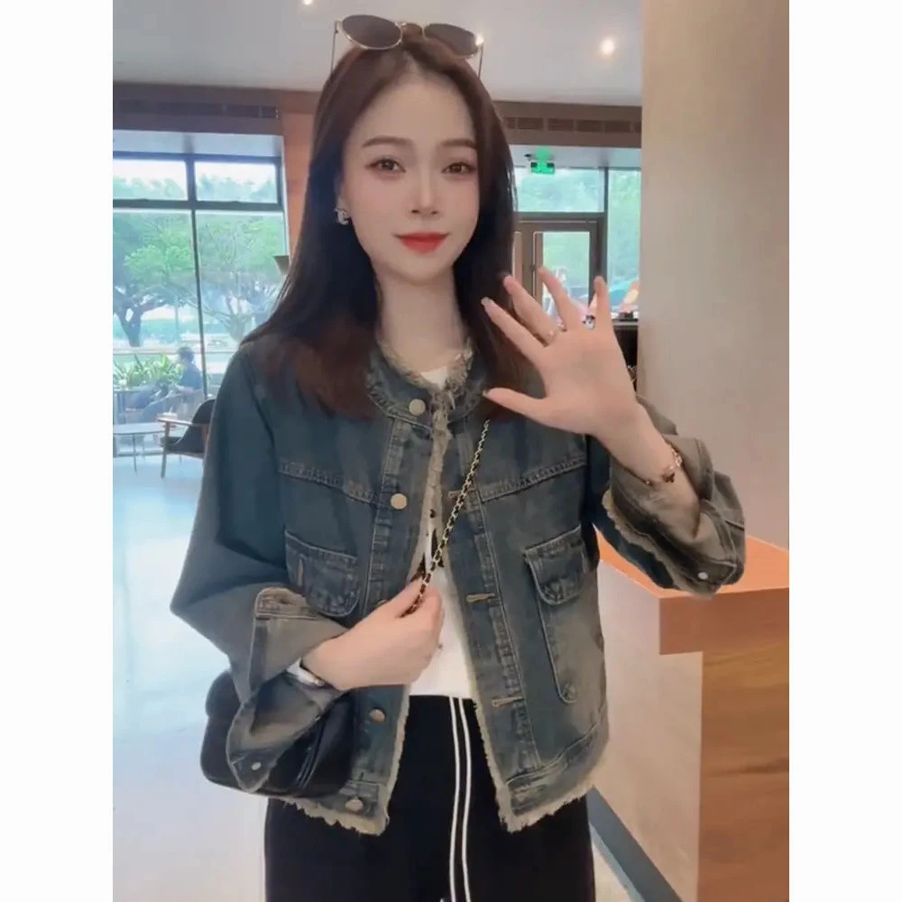 996韩版立领水洗牛仔外套女2023秋冬新款设计感流苏毛边显瘦上衣