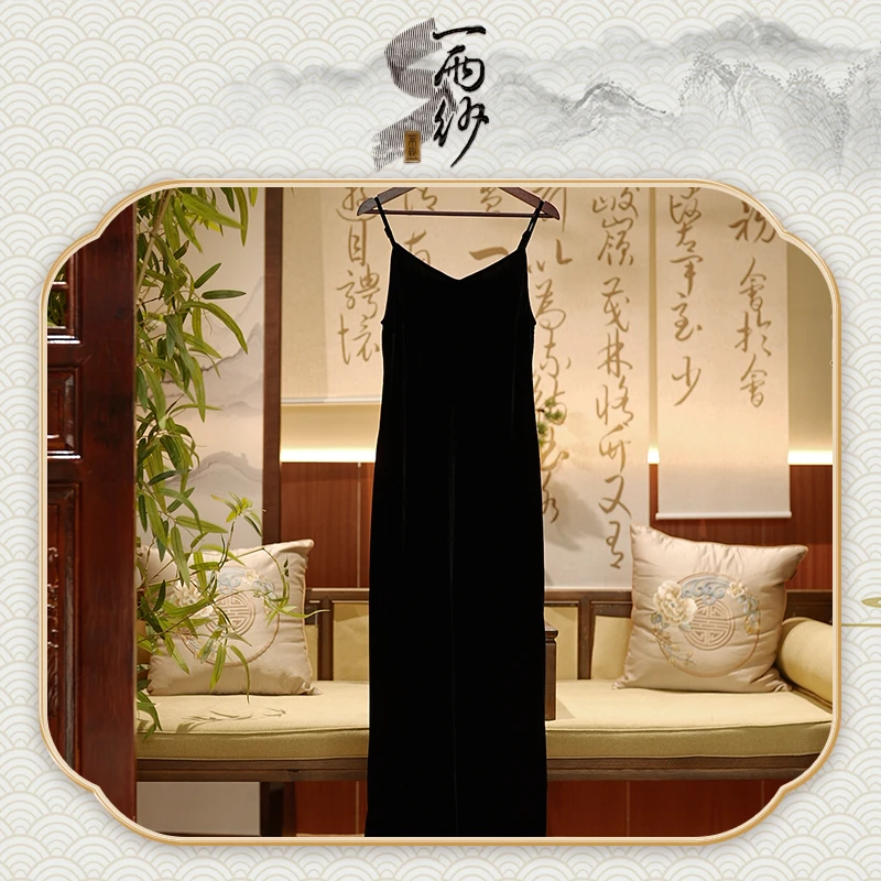【黑丝绒吊带连衣裙】239471桑蚕丝坯布真丝绒吊带裙长袍新中式47纬