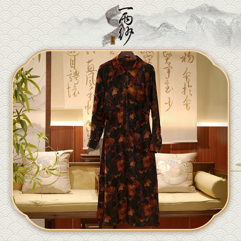 【高定缎●金叶】235782桑蚕丝高定重缎香云纱连衣裙长袍新中式60