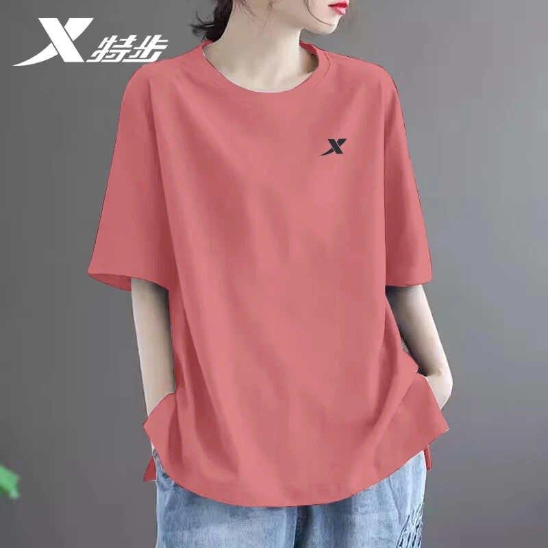 特步纯棉t恤女2025新款冬季透气百搭宽松圆领情侣短袖休闲上衣女