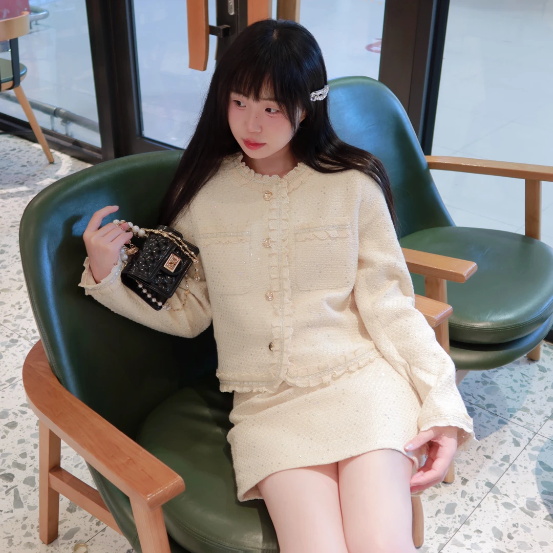 ouousweety【佳人】小香风气质闪片法式秋季甜美千金套装