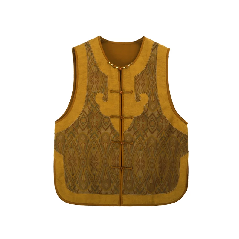 【江南丝苑】40姆米黄地方旗满分桑蚕丝大提花五福临门马甲87002-1