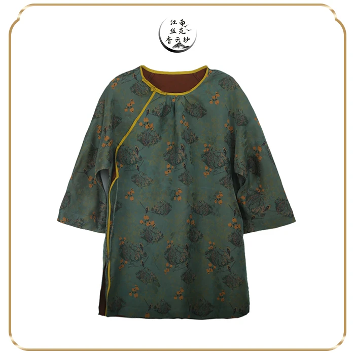 【江南丝苑】25姆透孔罗春和景明圆领打褶侧襟国风上衣12427-6