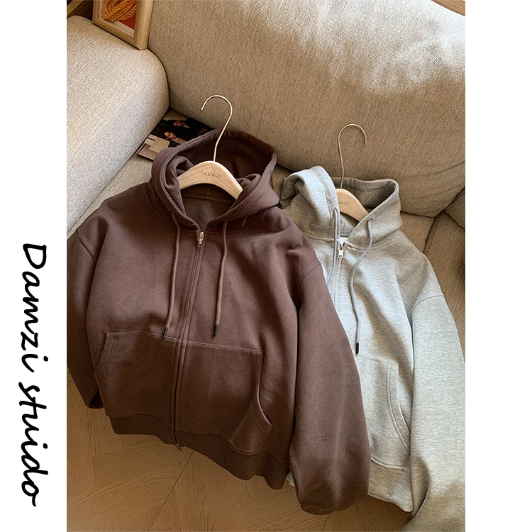 DA麦子 口袋卫衣 耐看加绒连帽拉链卫衣女 MZ0904口袋