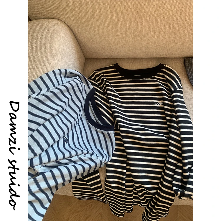 DA麦子 锁定条纹 舒适fell系列M刺绣进口面料T恤女 MZ4819M条纹