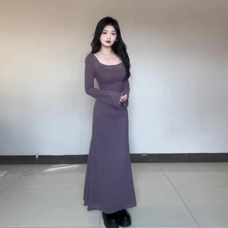 御姐纯欲鱼尾紫色连衣裙子女爆款2024新款初春装收腰包臀长裙J285