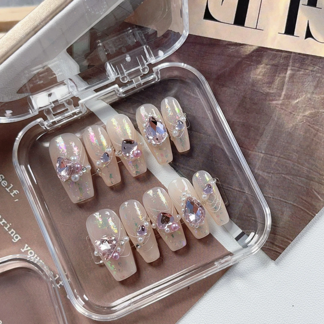 【香菜公主】纯手工穿戴美甲图片显白高级渐变美甲满钻穿戴甲中长款