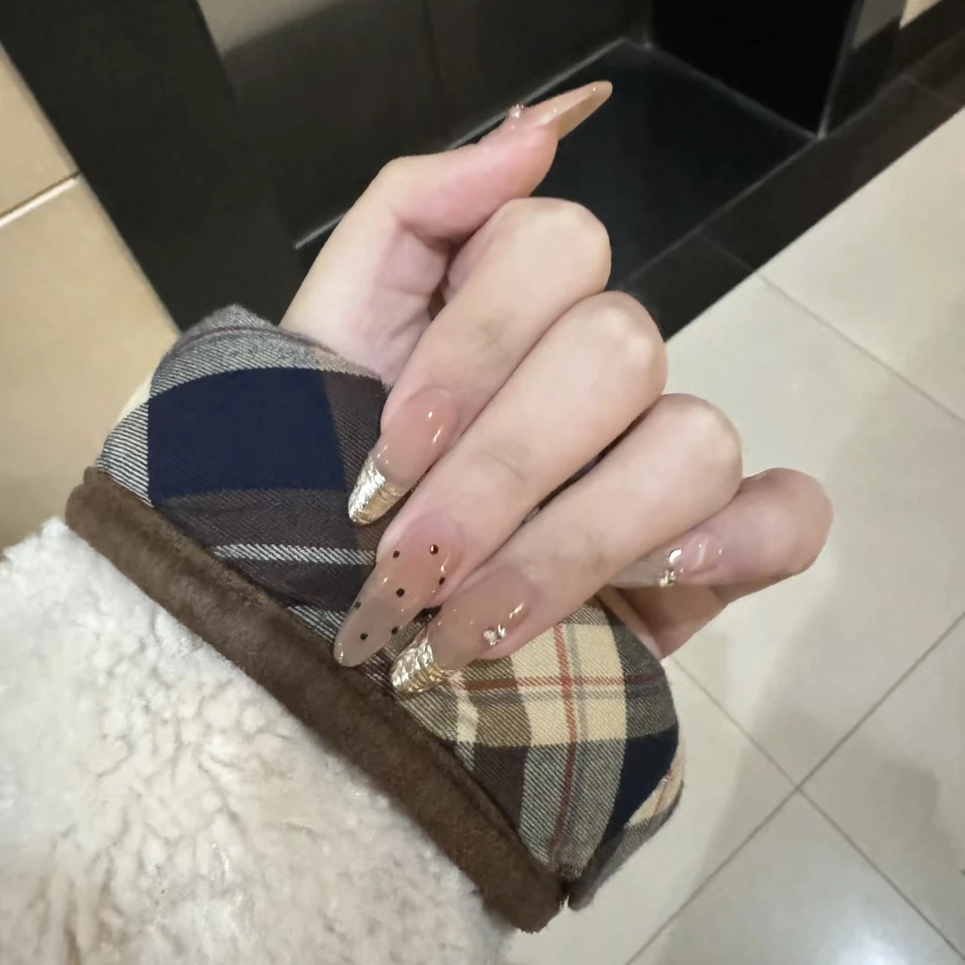 【波点裙】手工穿戴甲指甲长款显白高级裸色魔镜粉飘带美甲穿戴甲片