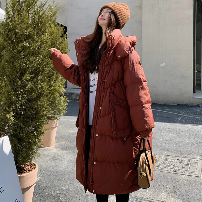 冬季大口袋长款羽绒服女2024新款休闲简约保暖长袖连帽外套