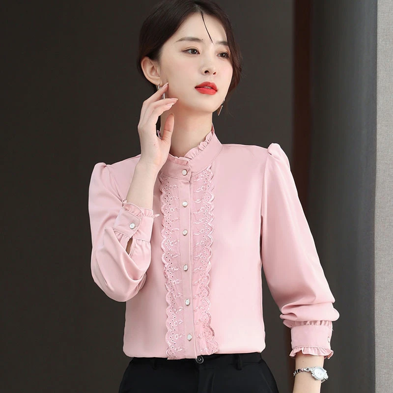 时尚长袖雪纺衬衫女士2023秋季新款上衣漂亮洋气立领小衫早秋衬衣