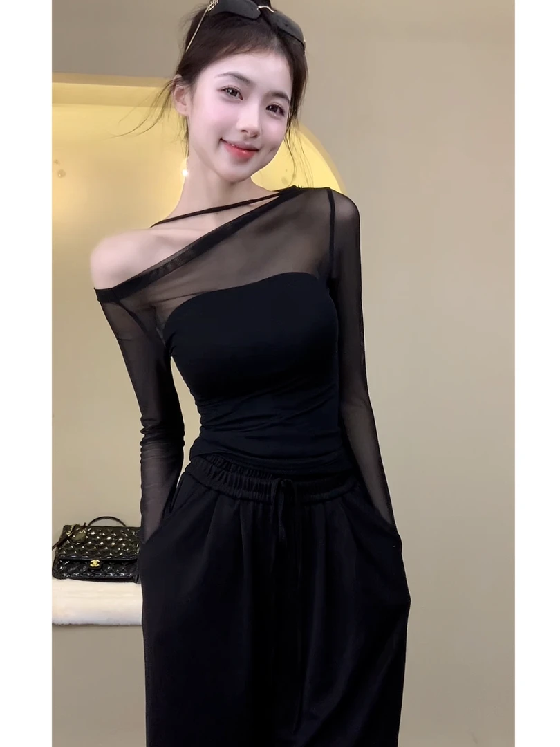 纯色设计感小众弹力修身斜肩气质上衣性感抹胸罩衫两件套