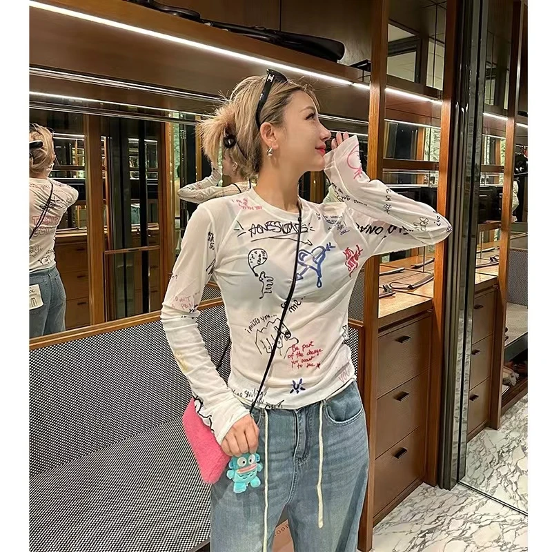 印花长袖速干女士修身透气时尚显瘦白色夏季 印花时尚T