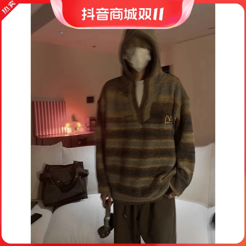 撞色潮男痞帅潮流连帽针织衫男生宽松百搭潮男