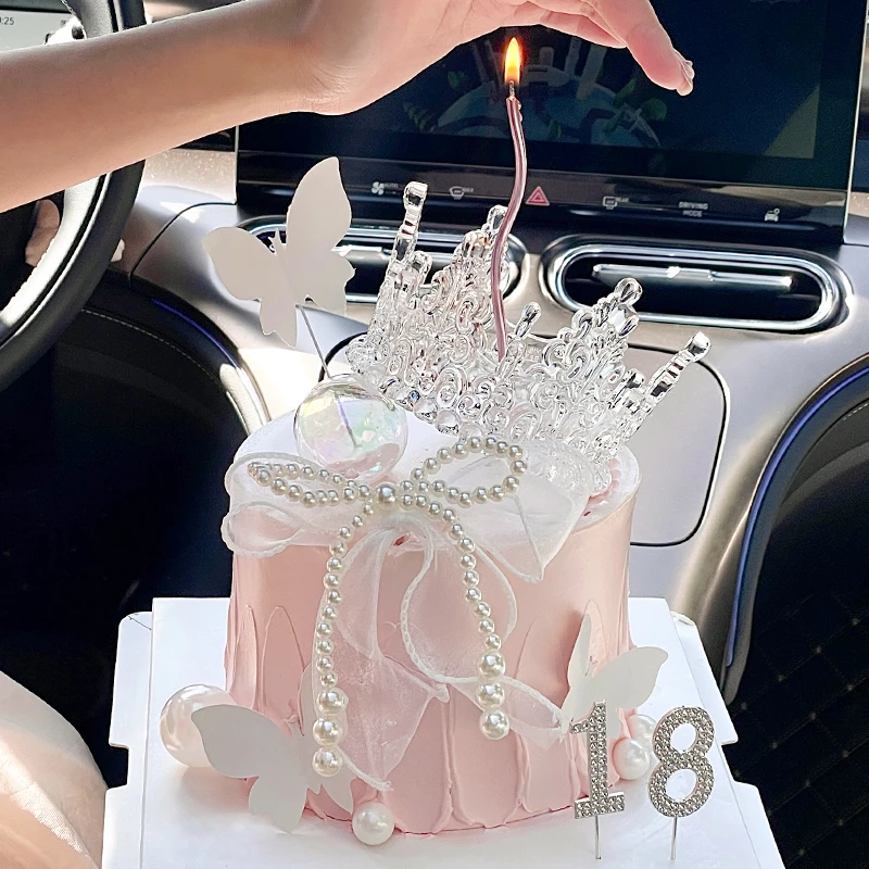 女神小仙女生日蛋糕装饰水晶皇冠摆件珍珠蝴蝶结丝带甜品台装扮