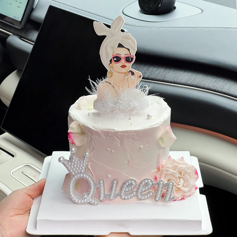 3.8女王节珍珠queen蛋糕装饰插件名媛带羽毛女神仿真玫瑰花装扮