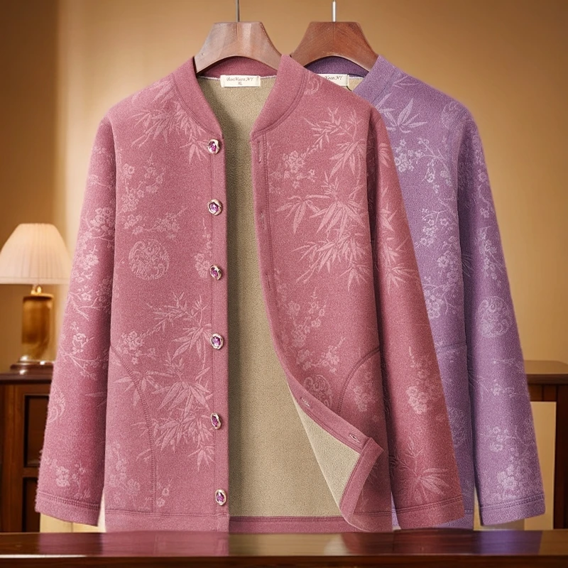 中老年女加绒加厚保暖棉衣长袖外穿双面绒老年人秋冬季妈妈装外套