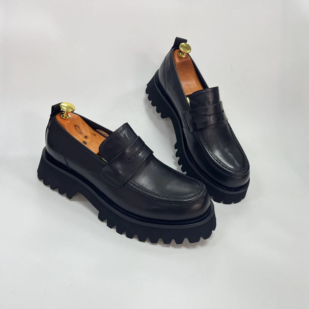 皮老丈休闲乐福鞋黑色舒适真皮厚底商务圆头豆豆鞋秋季增高牛皮