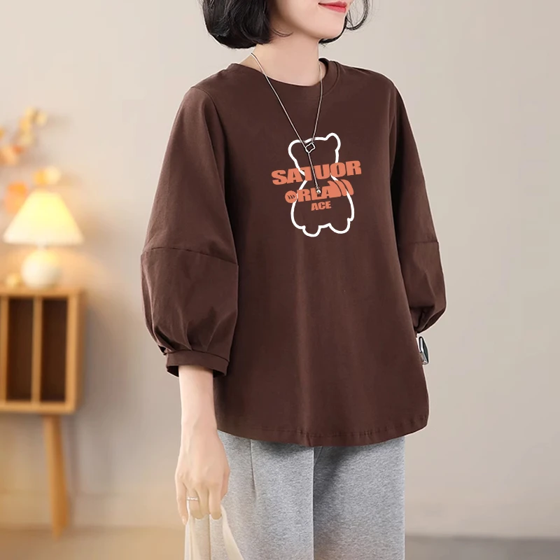 七分袖t恤女上衣新款2025宽松纯棉中年减龄秋季装中袖薄款卫衣