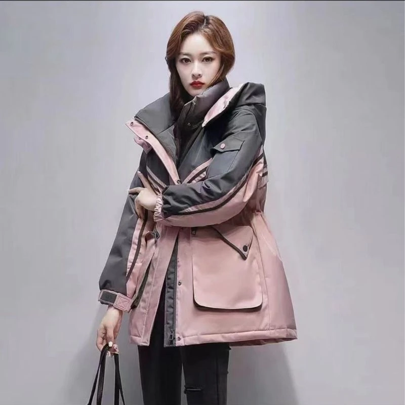 流行爆款撞色羽绒服冲锋衣款2023韩版冬季加厚连帽时尚保暖外套