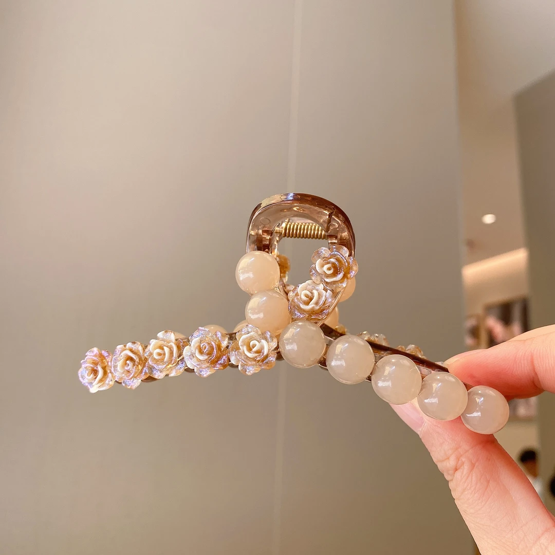 M1170夏日新款花朵珠珠抓夹简约优雅抓夹鲨鱼夹百搭大抓夹气质