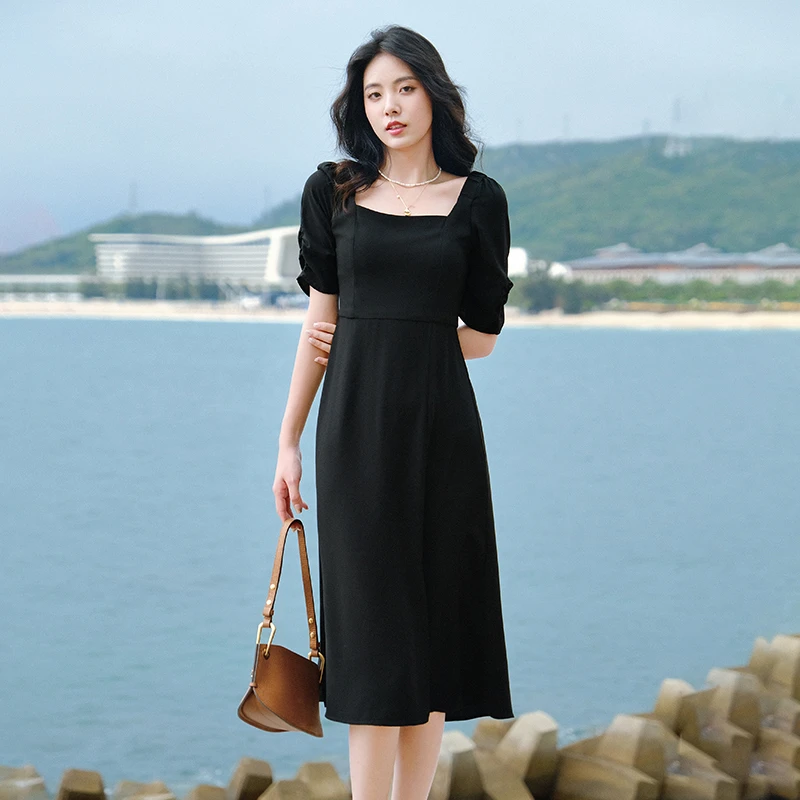 谭飞方领小黑裙 夏季法式优雅气质显瘦黑色连衣裙 高档上档次裙子