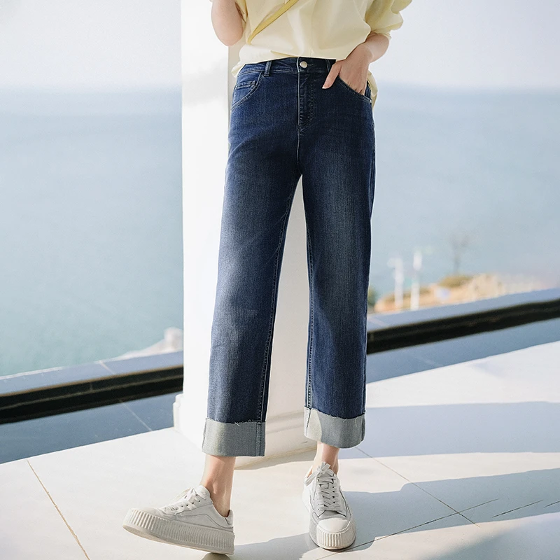 谭飞老友记牛仔裤新疆棉柔软带弹 裤脚卷边显腿长八分直筒