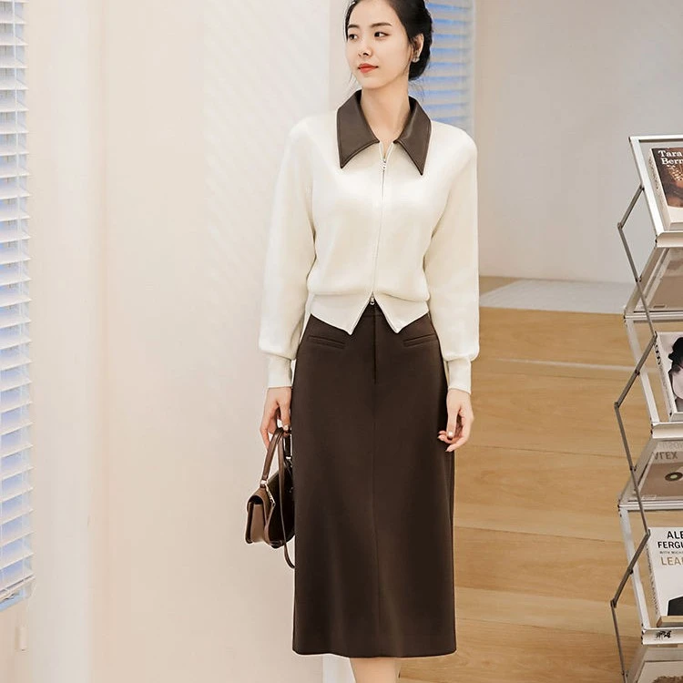 谭飞【茱莉套装】贵气美拉德 知性文艺套装 皮衬衫领 高腰铅笔裙ZB