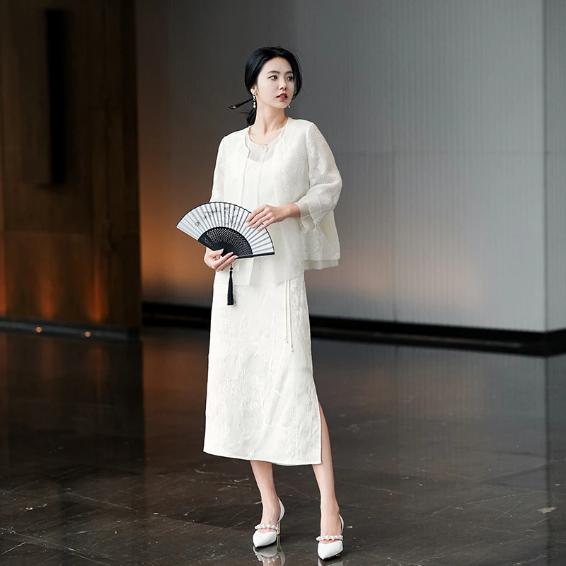 谭飞羽裳国风套装提花上衣 水波纹提花缎半裙 藏肉显高 典雅端庄