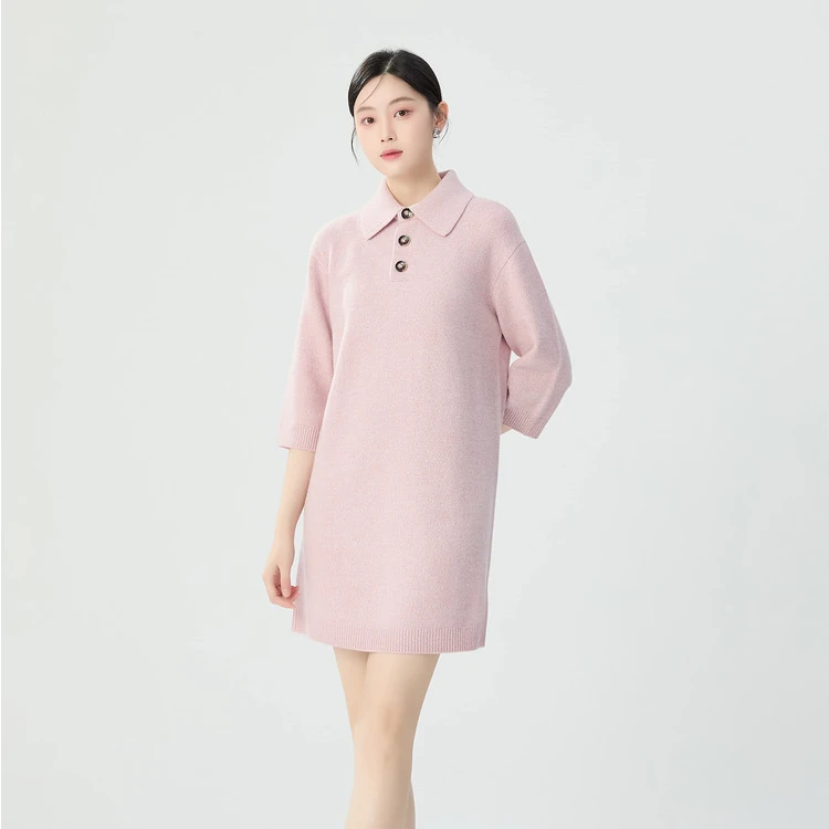 哥弟 秋冬休闲宽松百搭慵懒风针织翻领羊毛连衣裙（4色）1599030
