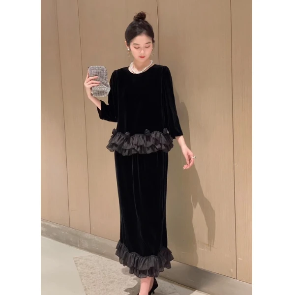 小雅家   黑色真丝丝绒秋季新款高端桑蚕丝花朵上衣半身裙两件套