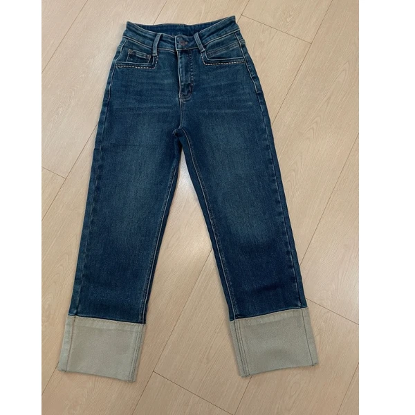 小雅家  时尚高腰显瘦拼接磨毛牛仔裤女秋季欧货新款直筒裤九分裤