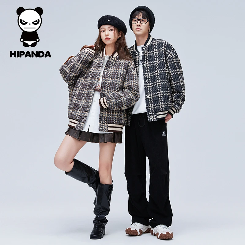HiPanda、小香风棒球服男女编织粗花呢冬格纹夹棉厚外套