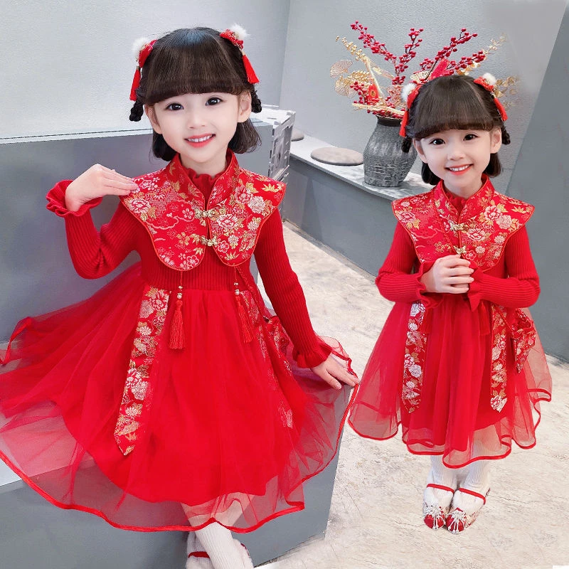 女童秋冬披肩公主裙加绒加厚毛衣裙子新款礼服裙女孩年服连衣裙